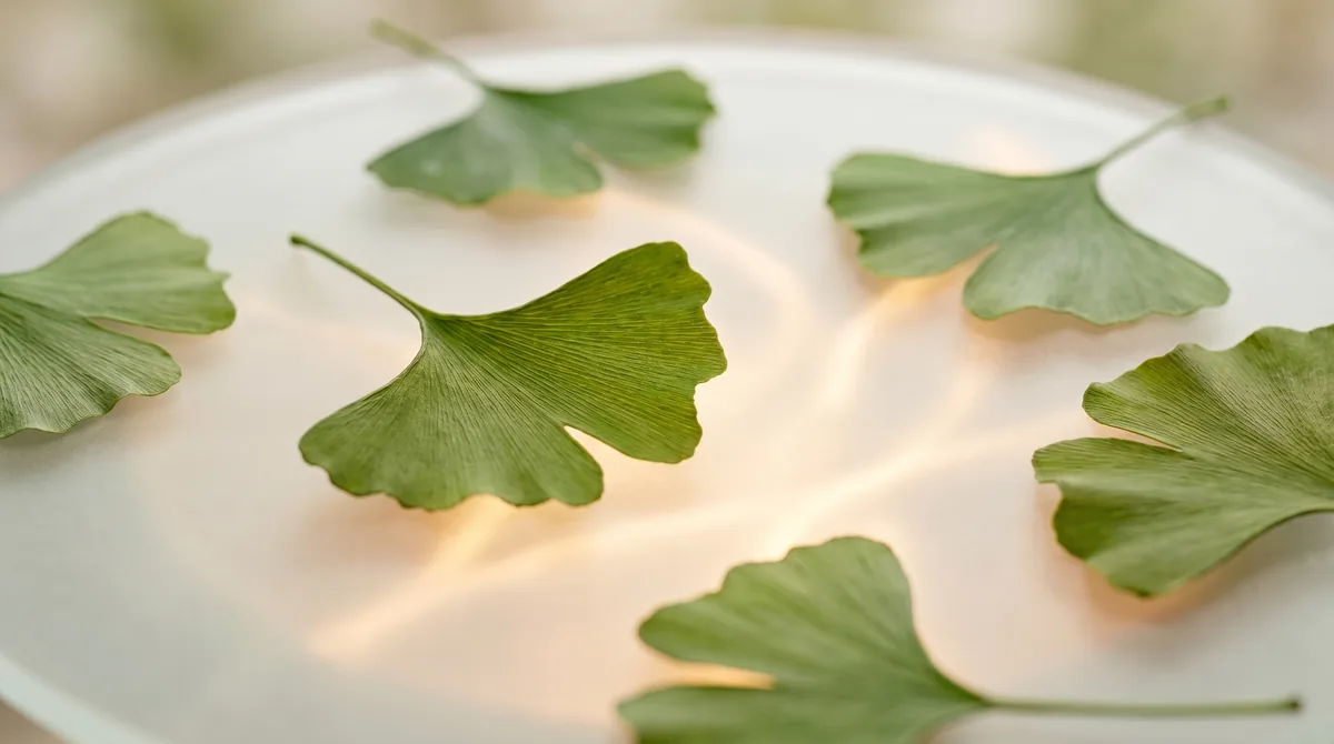 Ginkgo biloba leaves arranged in warm natural light.